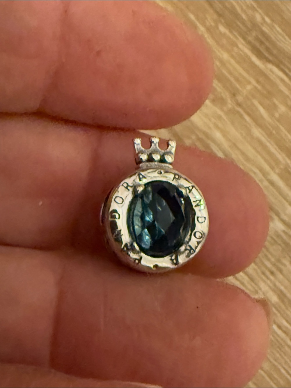 Pandora Silver Crown Pendant with Dark Blue Faceted Stone